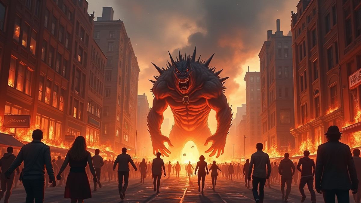 City in chaos with giant monsters.