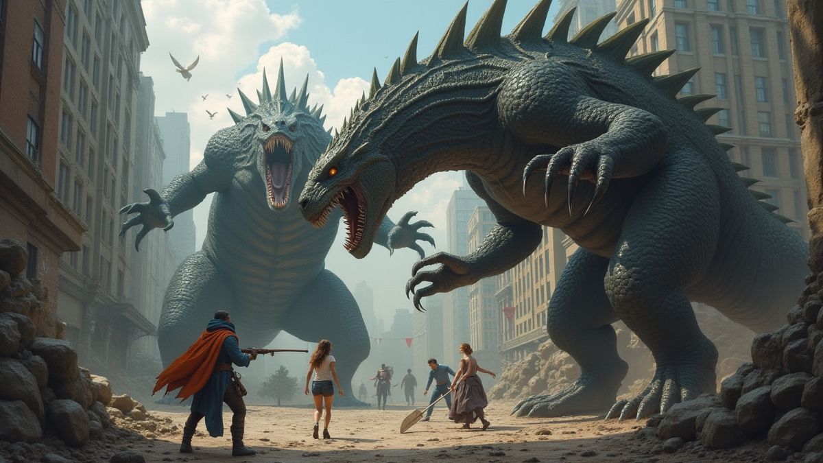 Battle of monsters in an urban landscape.