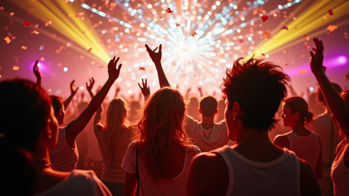 Animated scene of a dance festival with confetti and people dancing.