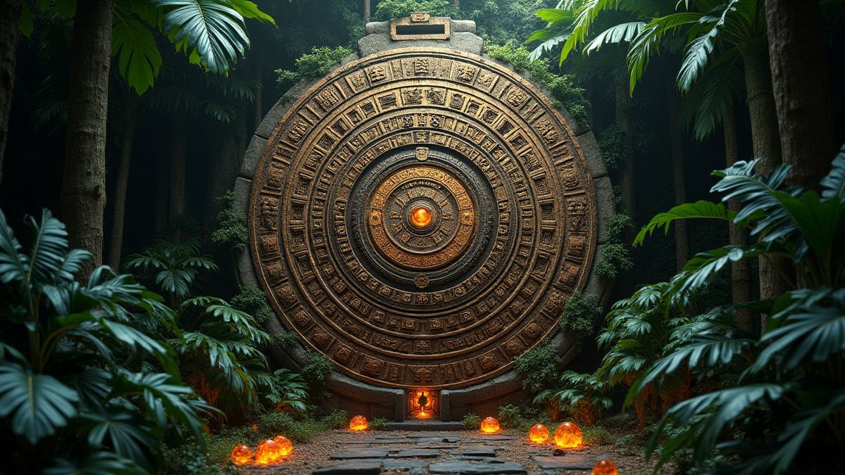 Mayan calendar surrounded by tropical plants and glowing gems
