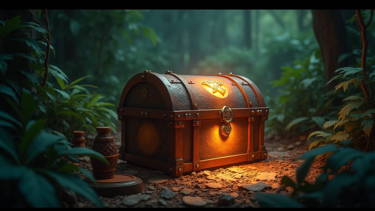 Glowing treasure chest surrounded by jungle foliage and ancient artifacts