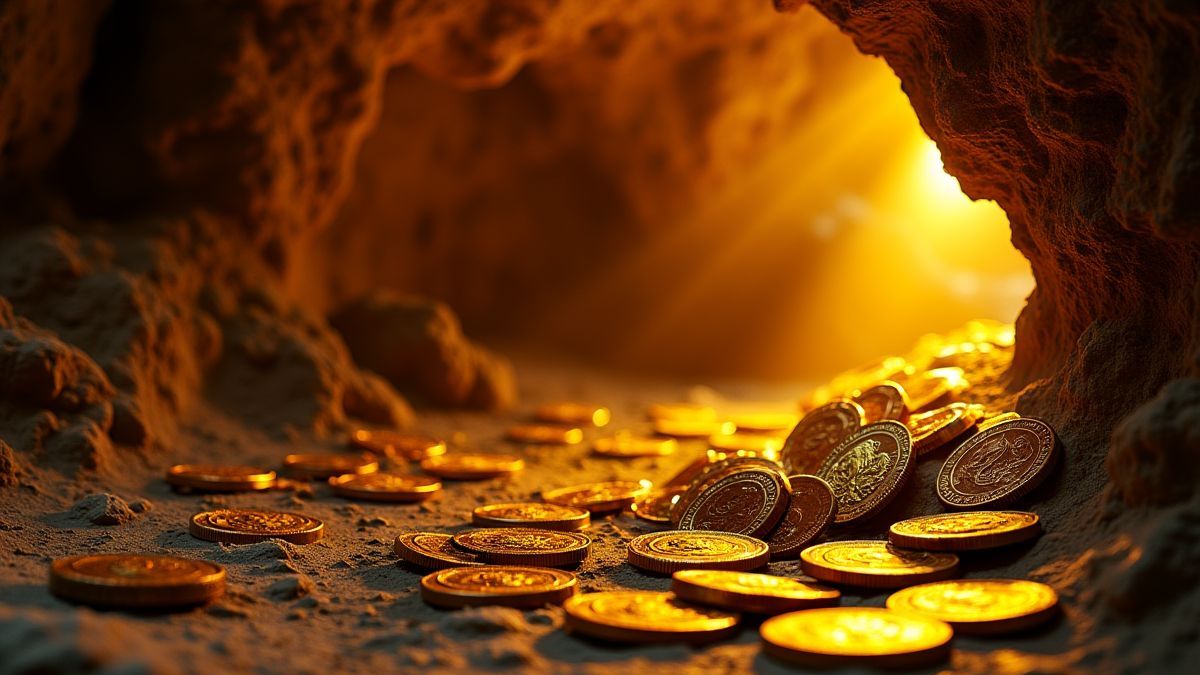 Monedas y tesoros dorados dentro de una cueva maya