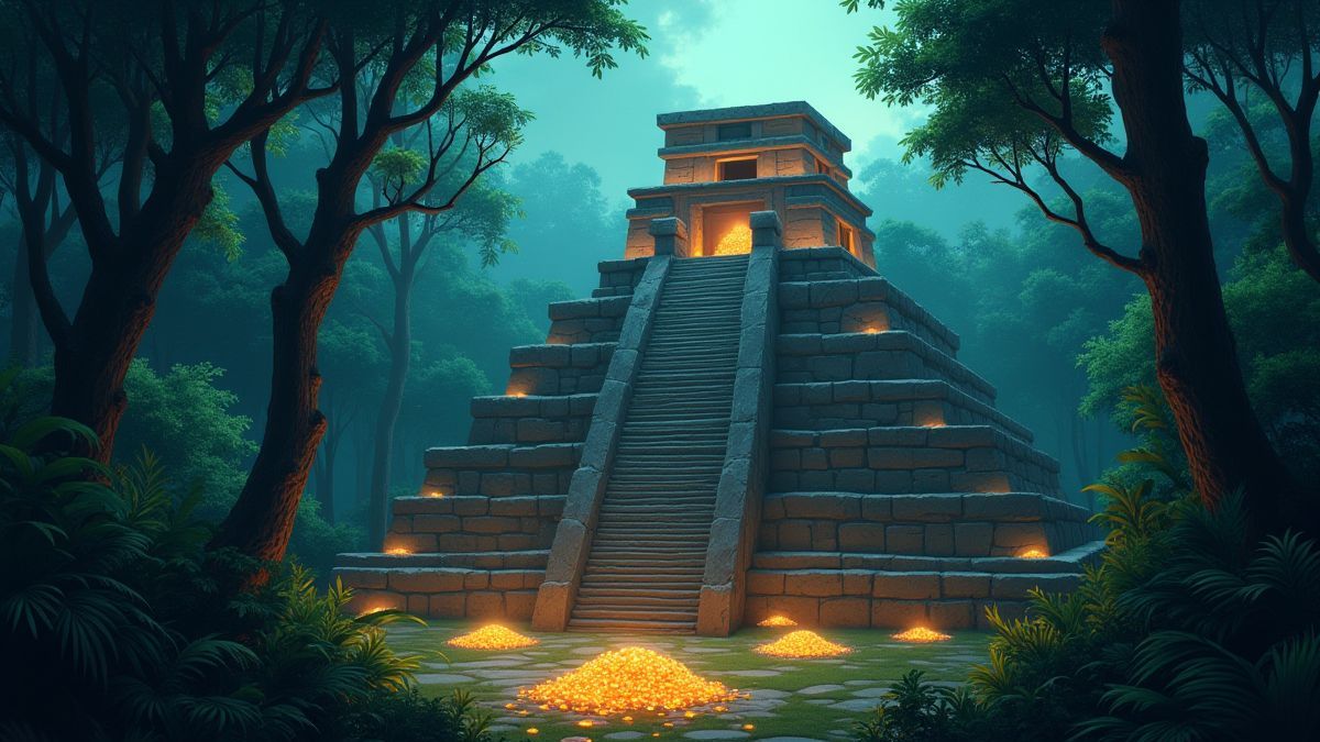 Une pyramide maya ancienne entourée de jungle avec des trésors brillants éparpillés autour.