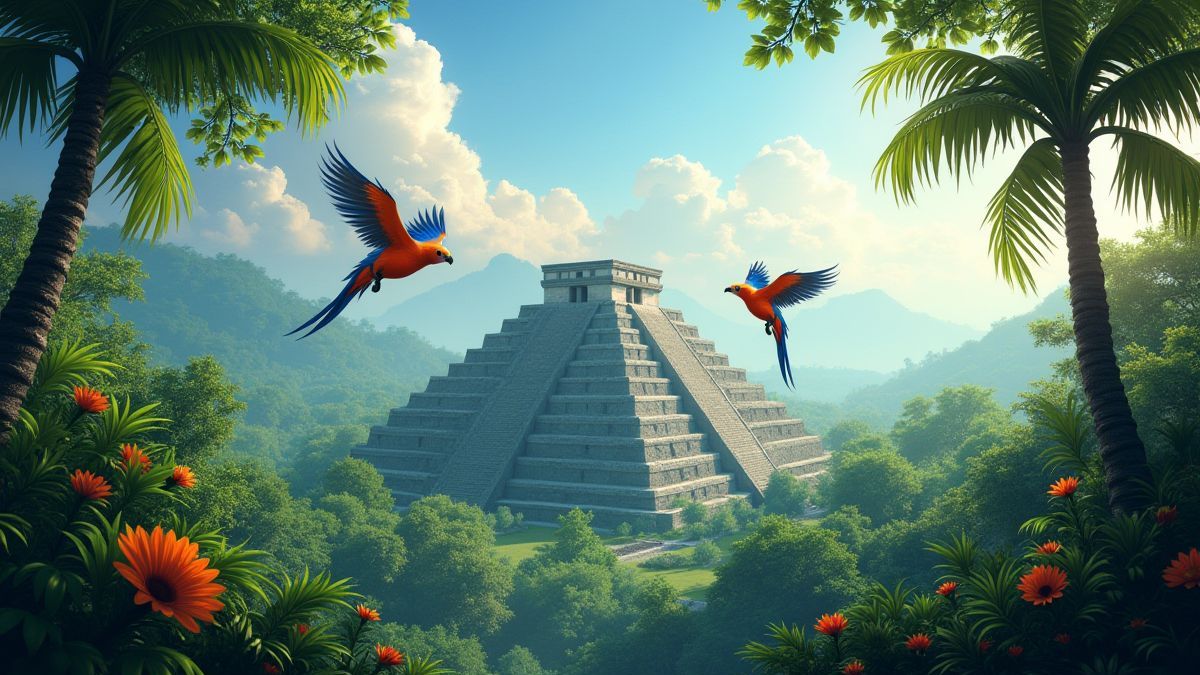 Une jungle maya majestueuse avec des oiseaux colorés volant au-dessus de pyramides anciennes.