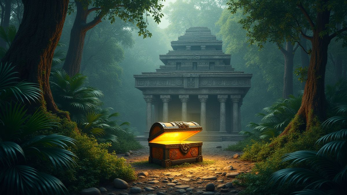 Ruínas antigas rodeadas de vegetação maia e um cofre do tesouro brilhante.