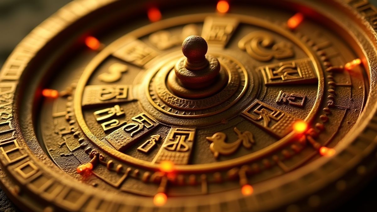 Roda dourada com símbolos maias brilhantes.