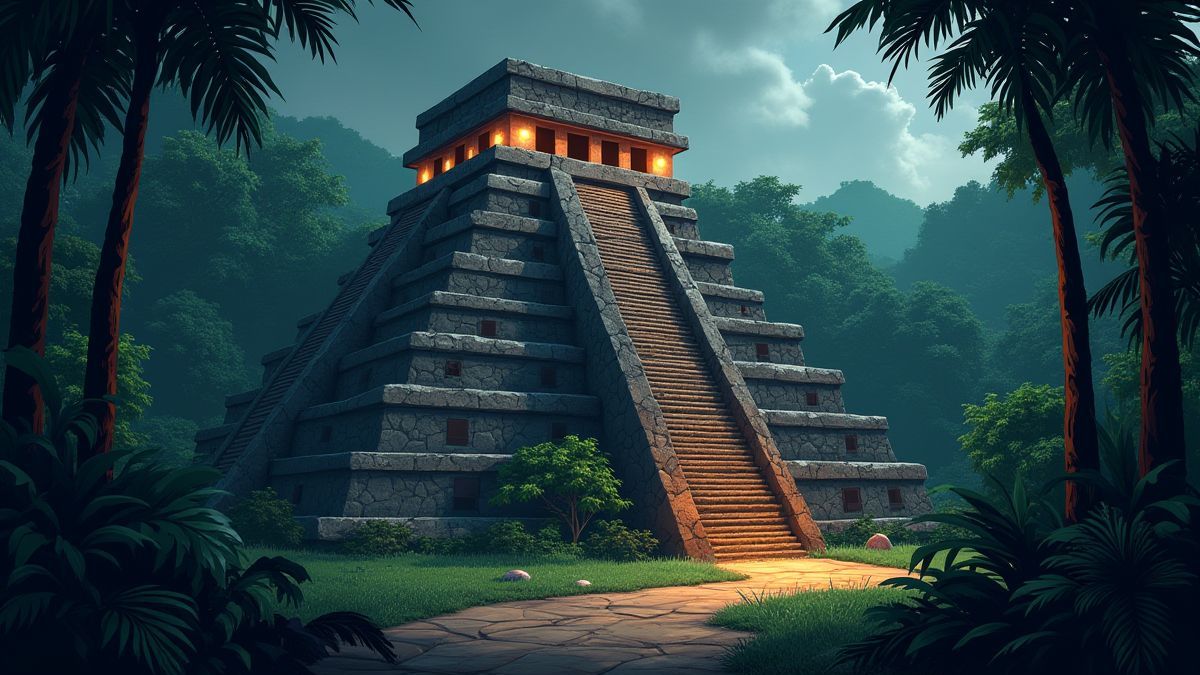 Mayan temple in the jungle with glowing symbols.