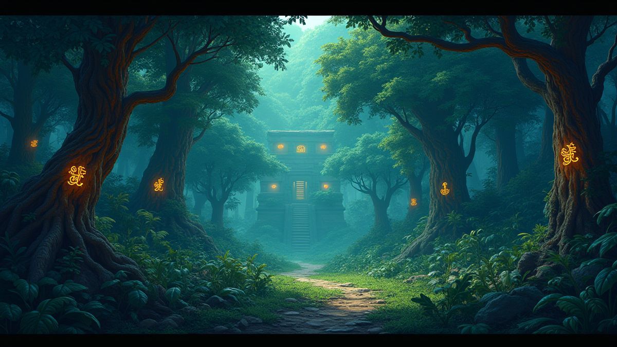 Mayan jungle with glowing symbols and mystical animals.