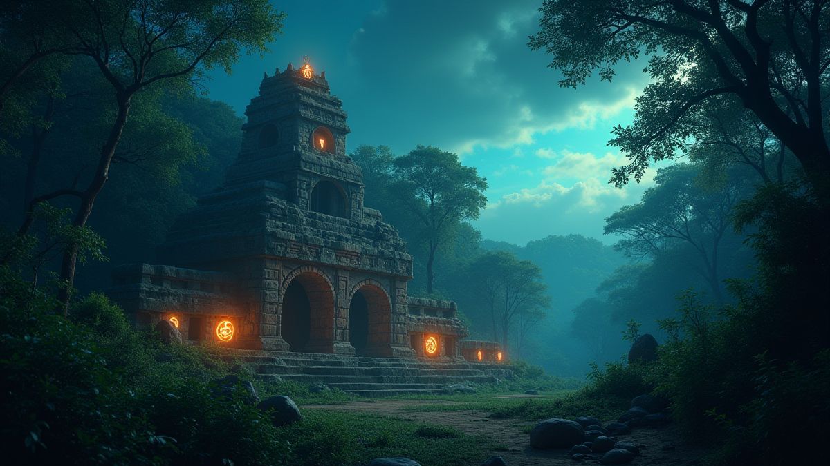 Ruines mayas en medio de una jungla mística bajo el cielo estrellado.