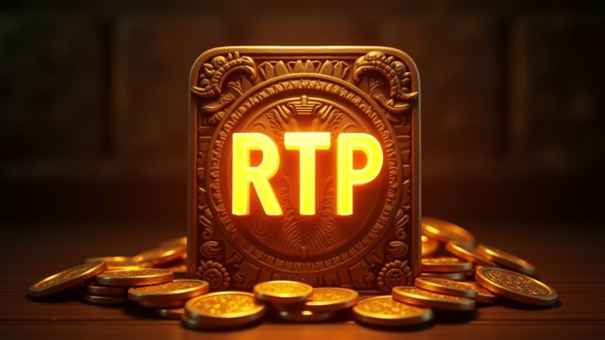 Indicador RTP con grabados y monedas doradas estilo maya.