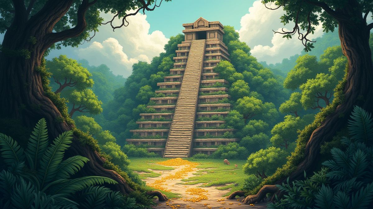 Templo maya rodeado de jungla y tesoros dorados.