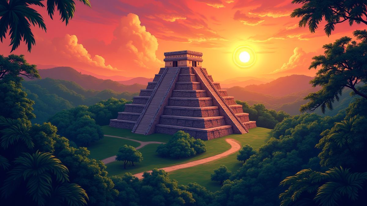 Pyramide maya illuminée au crépuscule dans la jungle.