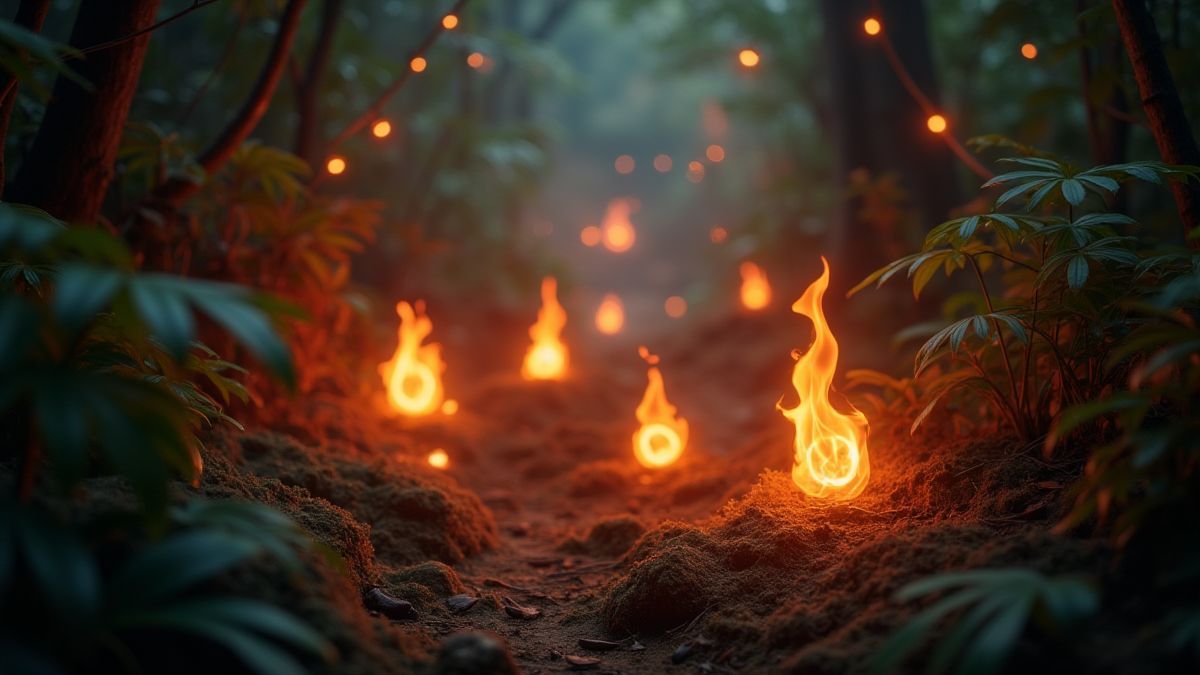 Symboles de feu brillants dans une jungle mystique.