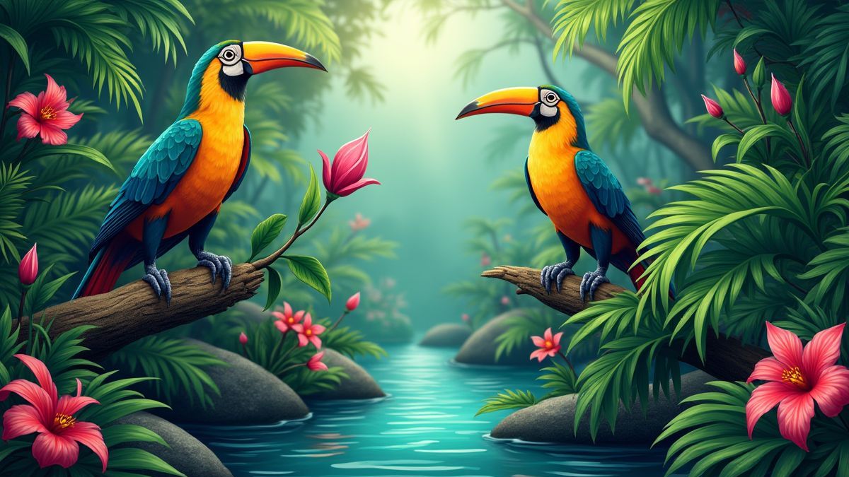 Scène de jungle exotique avec oiseaux et plantes vibrantes.