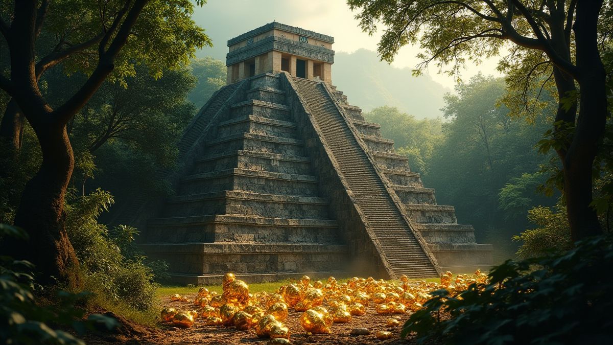 Un templo maya rodeado de árboles y artefactos dorados brillantes.