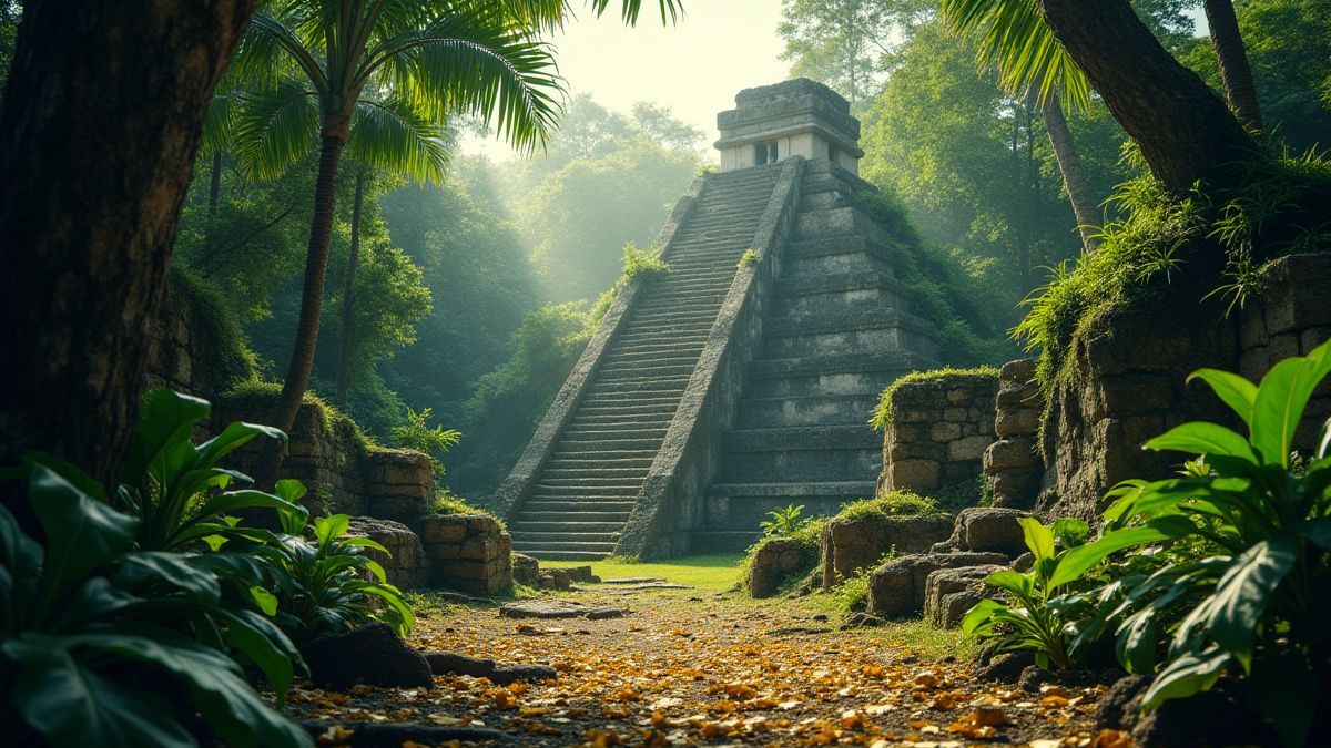 Escena de una jungla con ruinas mayas y artefactos dorados.
