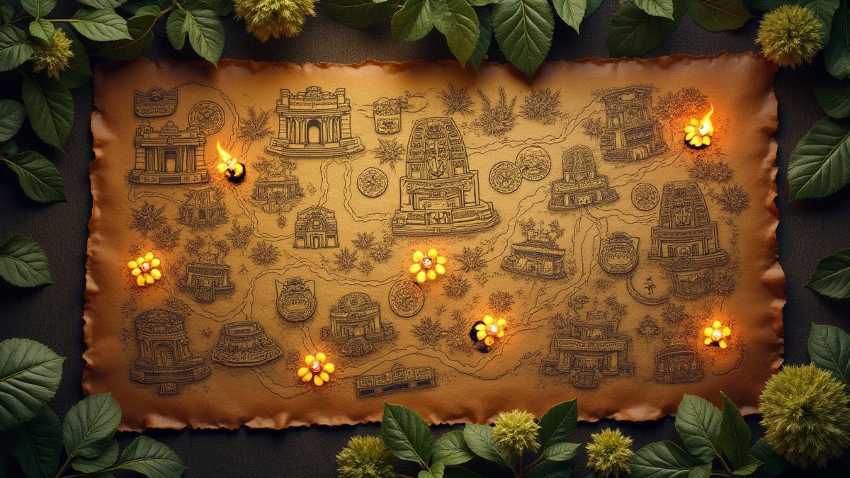 Mapa del tesoro con símbolos mayas y caminos brillantes.