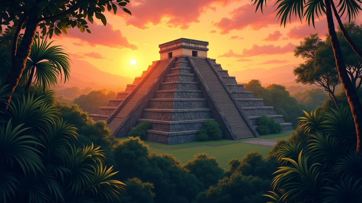 Maya-Pyramide umgeben von Dschungel bei Sonnenuntergang.