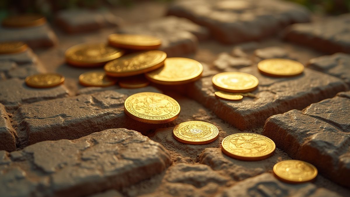 Goldmünzen und Schätze auf antiken Steinmetze.