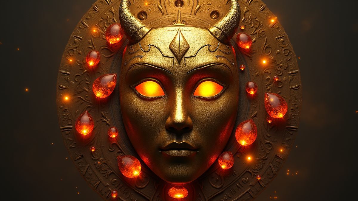 Goldene Maske mit leuchtenden Edelsteinen und antiken Schnitzereien.