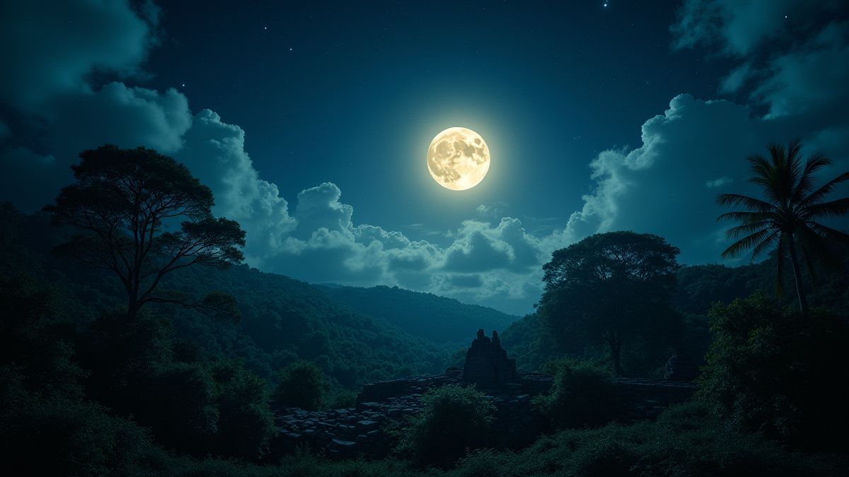 Céu estrelado com uma lua cheia brilhante sobre uma selva e ruínas antigas.