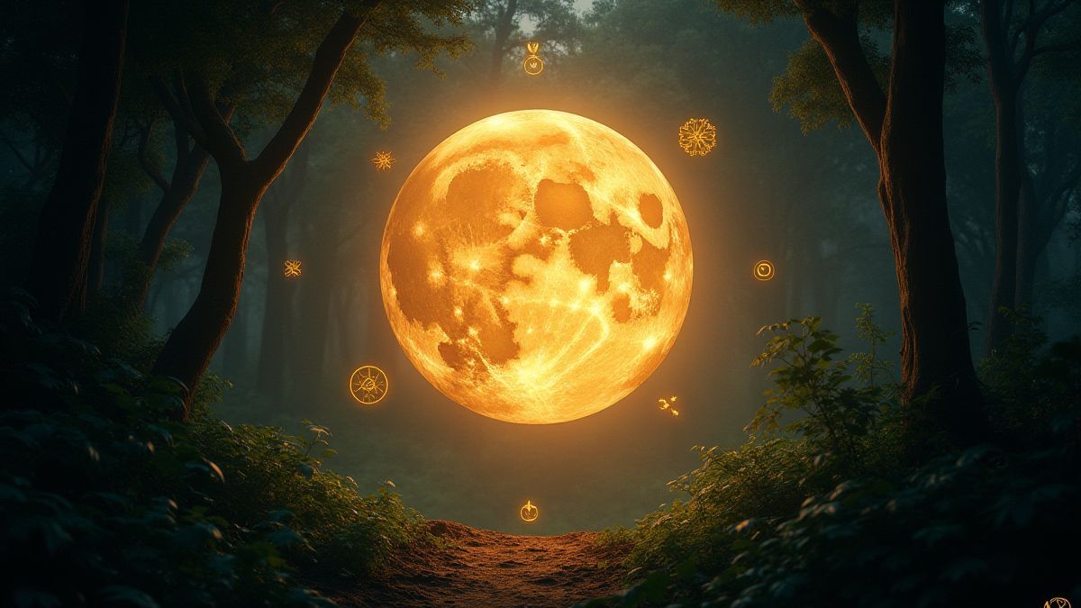 Uma lua brilhante rodeada de símbolos dourados em um ambiente de selva.