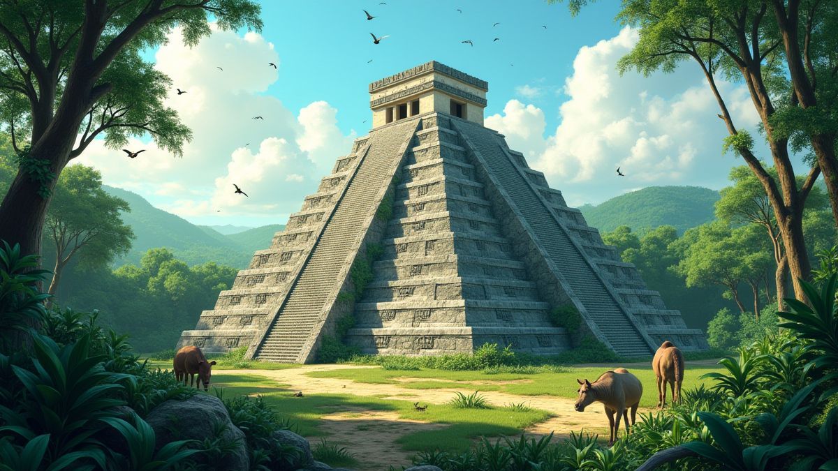 Pirámide maya rodeada de una jungla exuberante.
