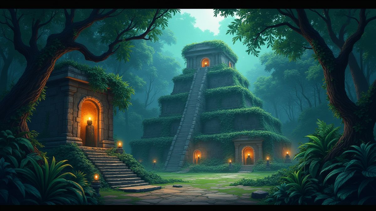 Mayan ruins in a jungle with bright artifacts.