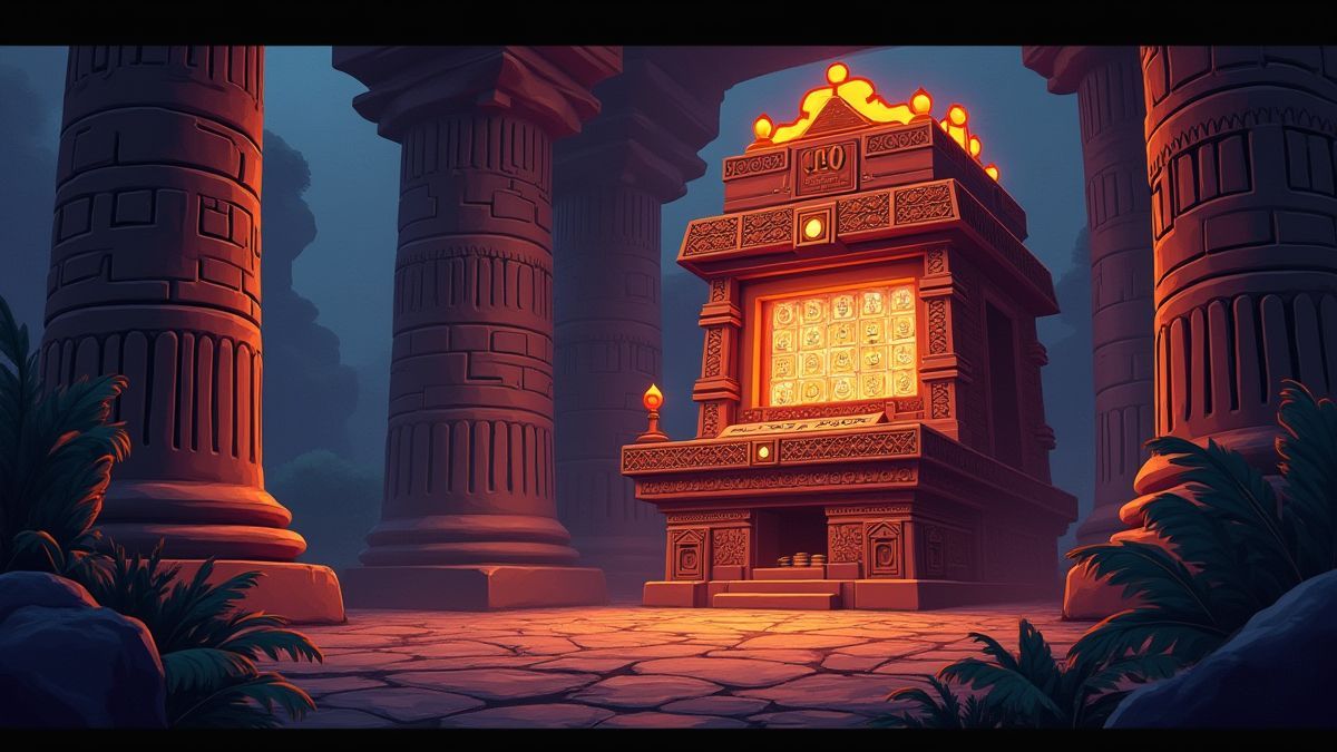 Glowing slot machine in a Mayan temple.
