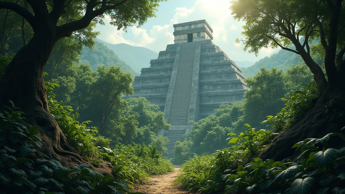 Jungla maya con pirámides y artefactos antiguos.