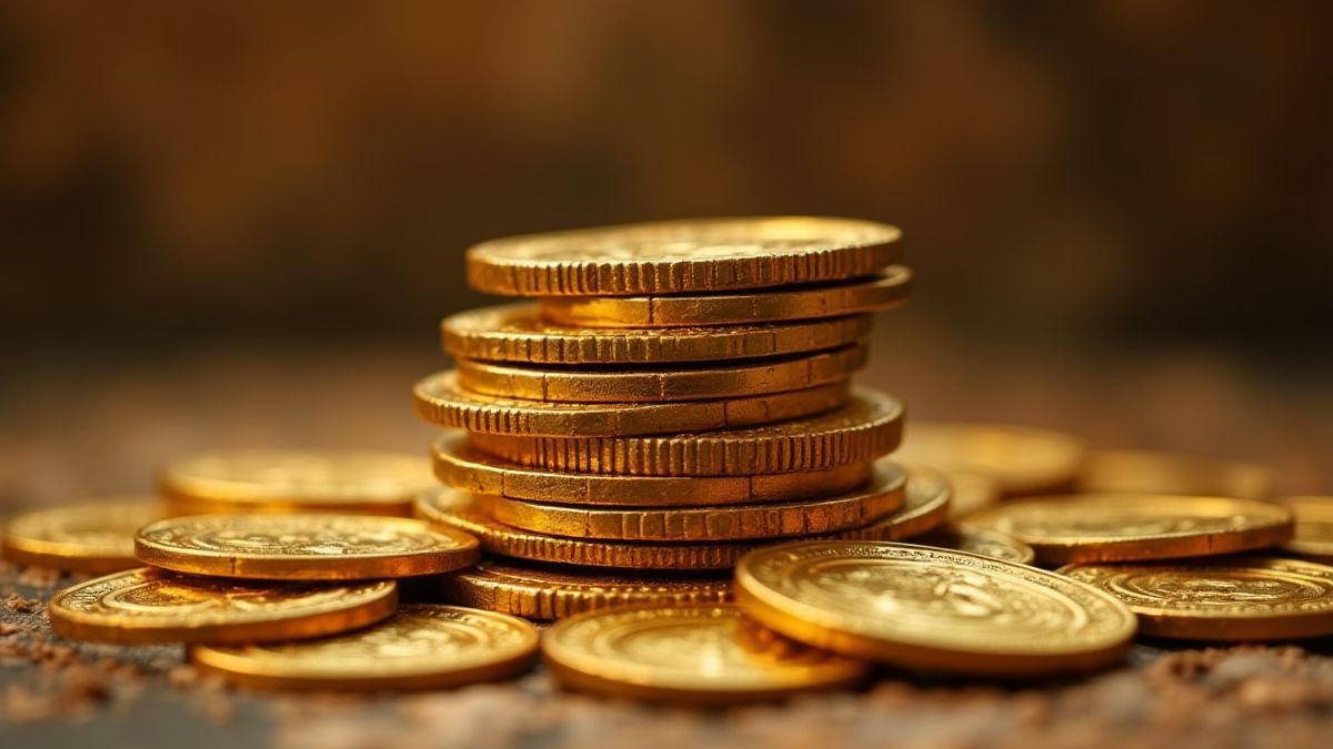 Montones de monedas doradas en un escenario maya.