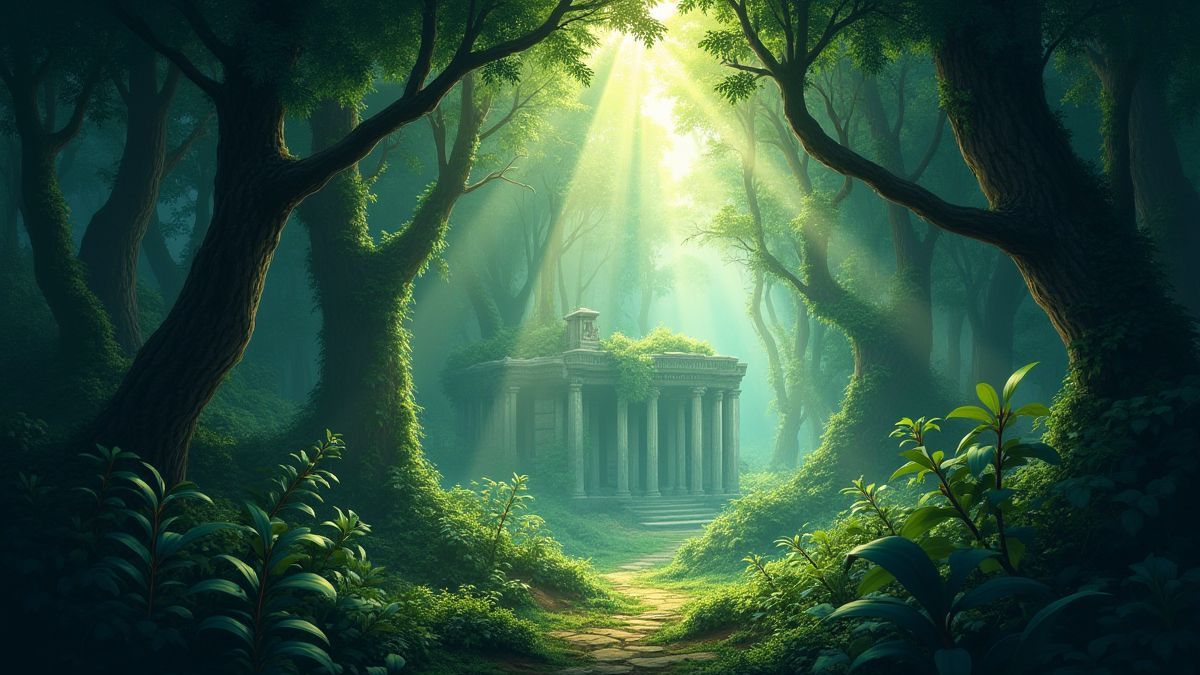 Jungla con ruinas ocultas bajo la luz del sol