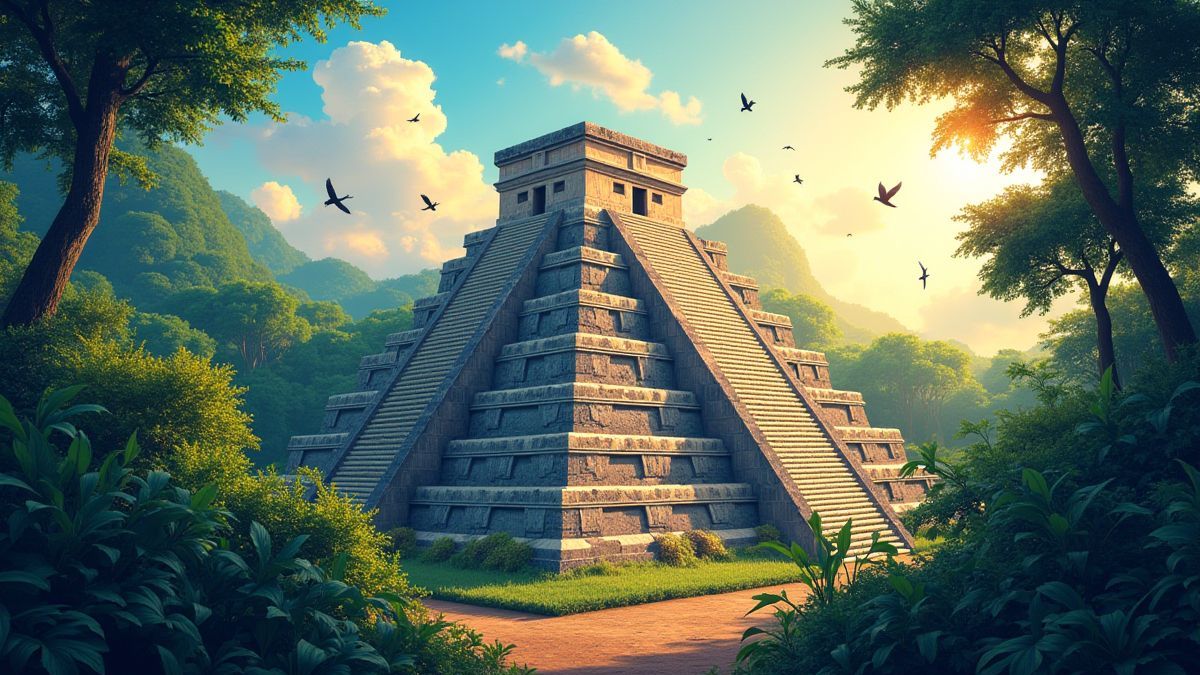 Pirámide maya rodeada de jungla y aves en vuelo