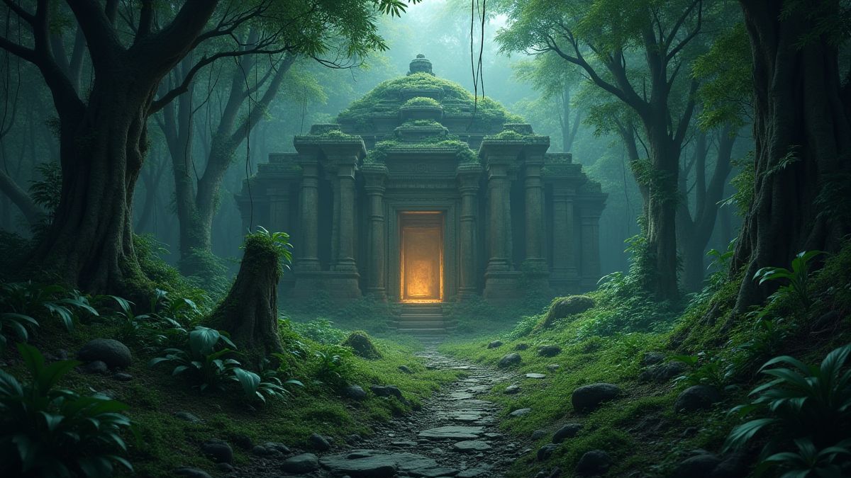 Ancient ruins in a dense jungle with shining treasures