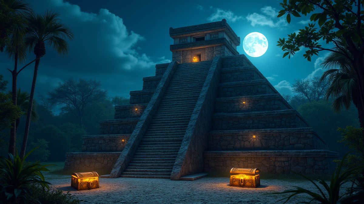 Mayan temple illuminated with treasure chests around