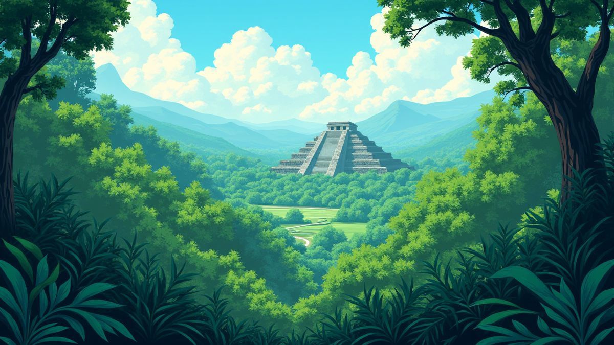 Uma jungla exuberante com pirâmides maias visíveis na distância.