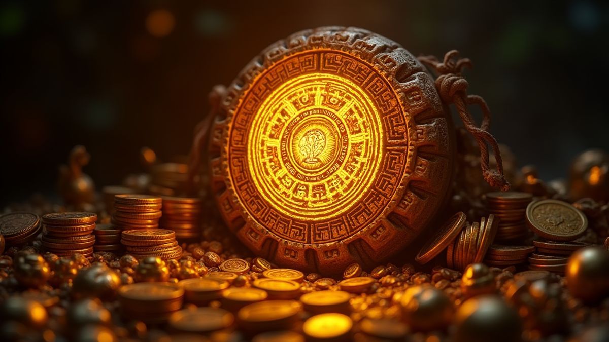 Um calendário maia brilhante rodeado de tesouros e moedas de ouro.