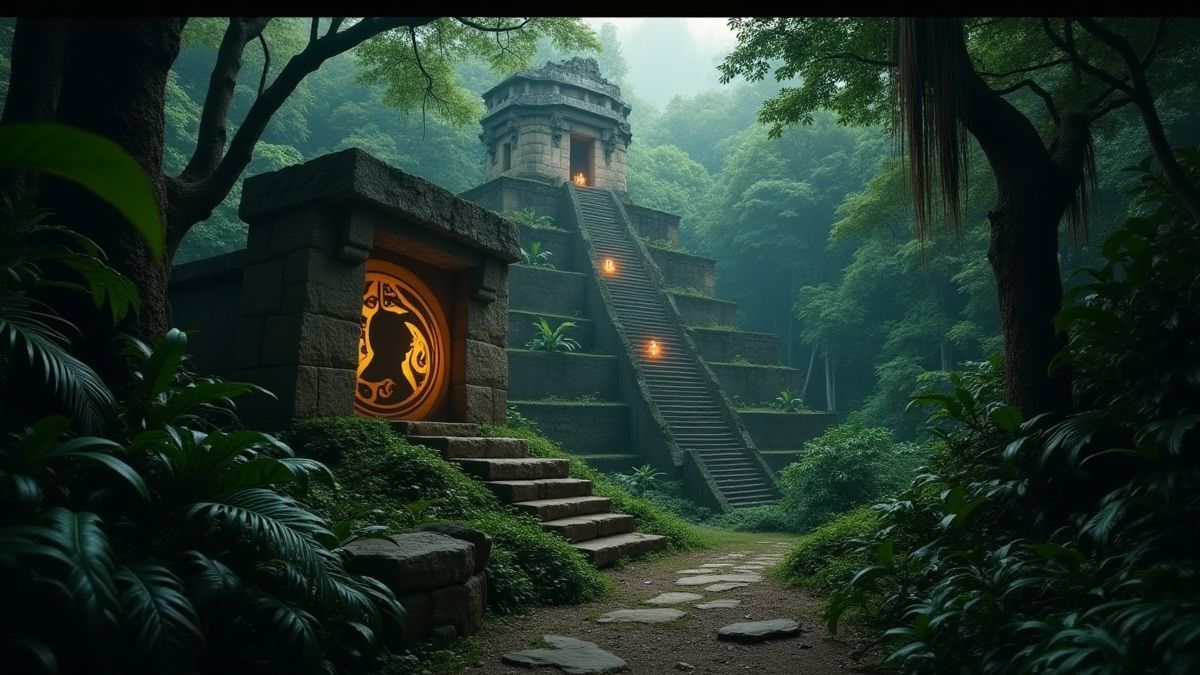 Ruinas mayas en una jungla densa con símbolos brillantes grabados en piedra.