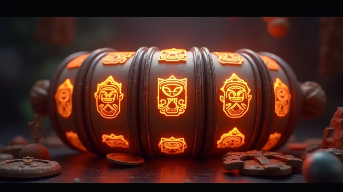 Carretes giratorios con símbolos mayas brillantes.