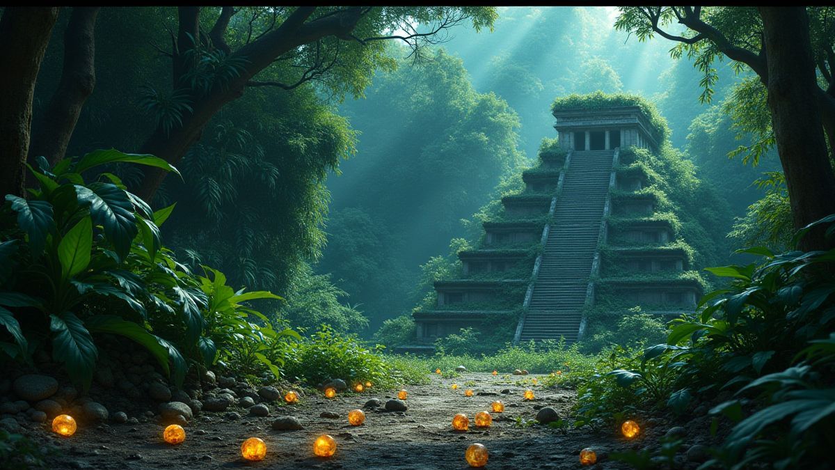 Gemstones and Mayan ruins in a jungle.