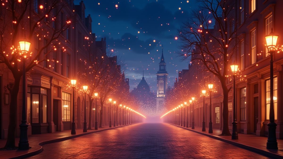 Een elegante straat in Mayfair met heldere lichten.