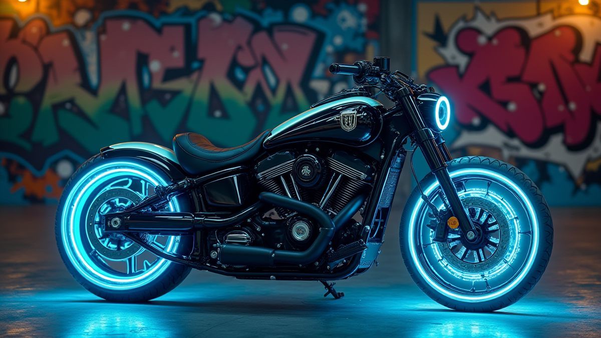 Moto futurista con ruedas de neón frente a un grafiti.