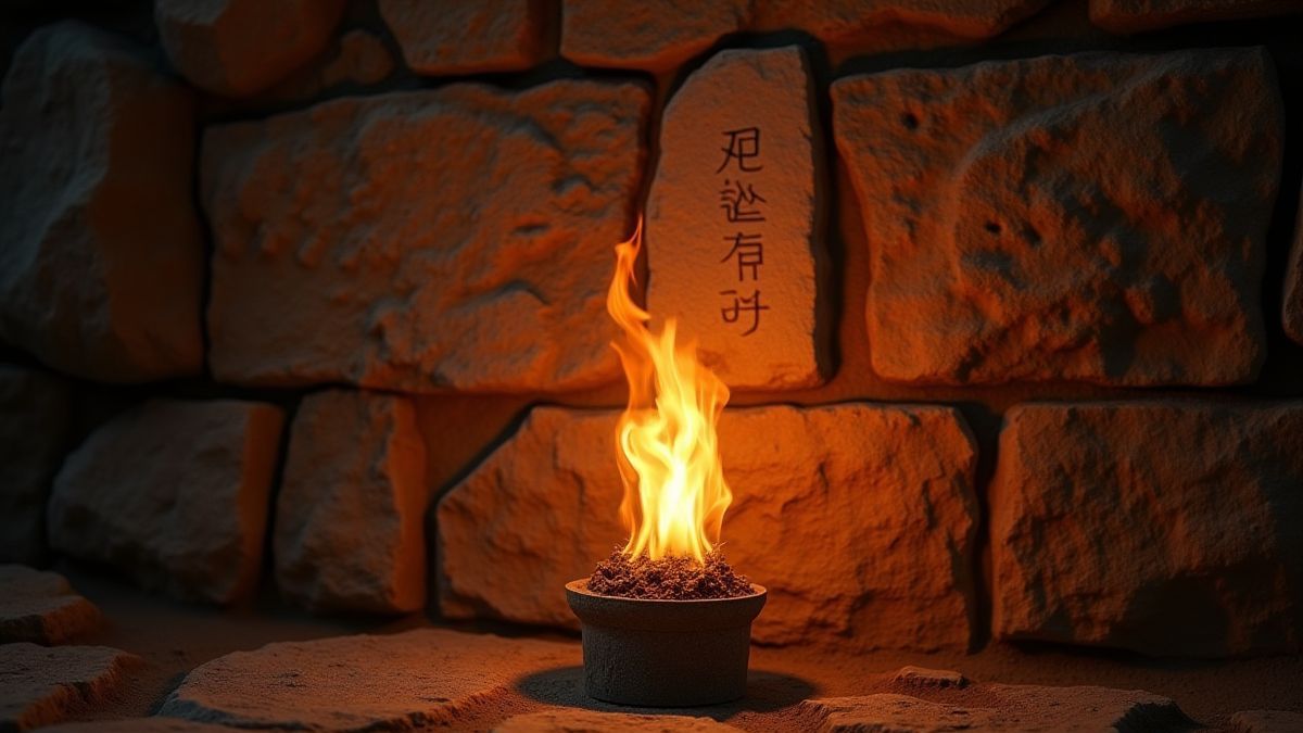 Antorcha iluminando símbolos antiguos en una pared de piedra.