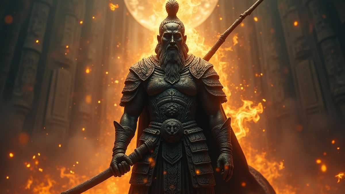 Estatua de un guerrero antiguo rodeada de runas luminosas.