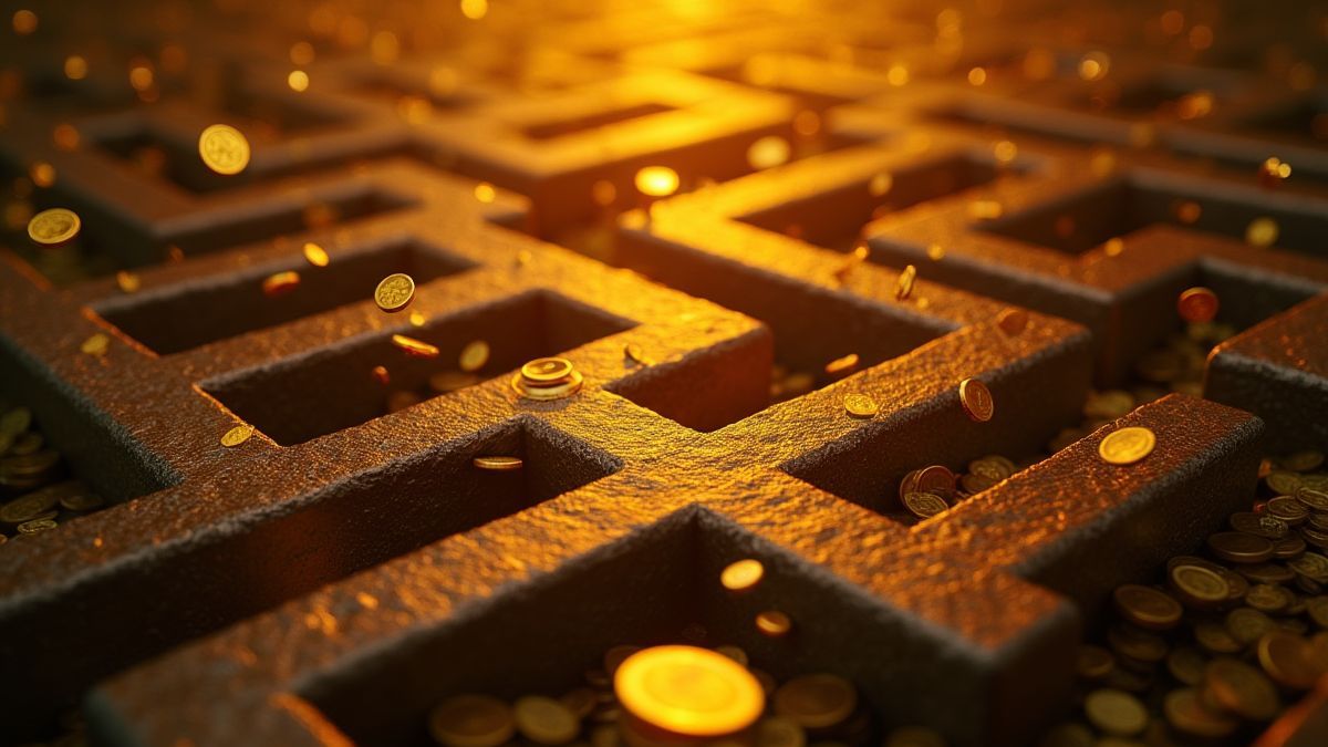 Monedas doradas cayendo en un laberinto antiguo.
