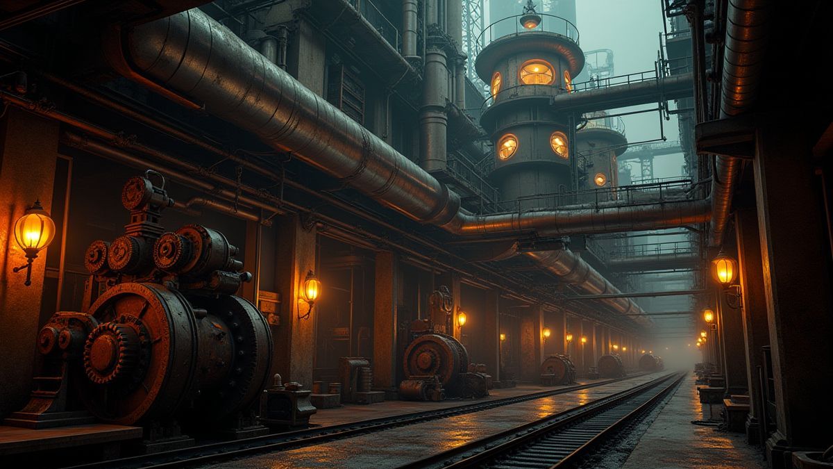 Uma fábrica steampunk com engranagens e luzes brilhantes.