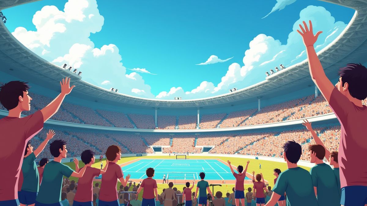 Un estadio animado lleno de espectadores y equipos deportivos como bicicletas y gafas de natación.