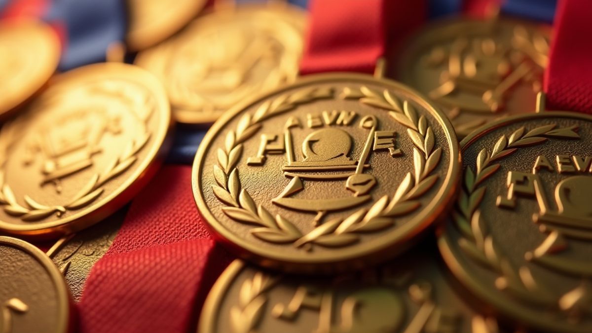 Símbolos de medallas animados con coronas de laurel y colores vibrantes.