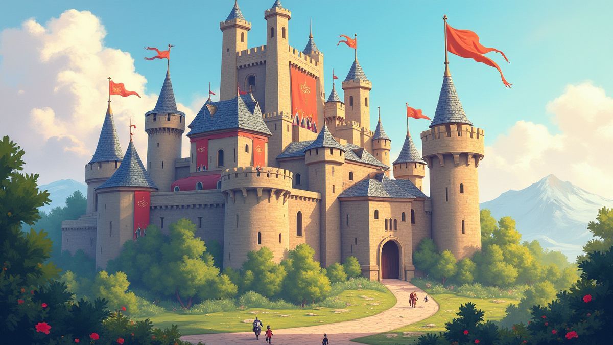 Un castillo medieval rodeado de caballeros y banderas coloridas.