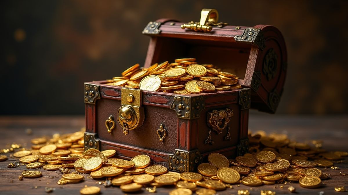 Un cofre del tesoro medieval lleno de monedas de oro y joyas.